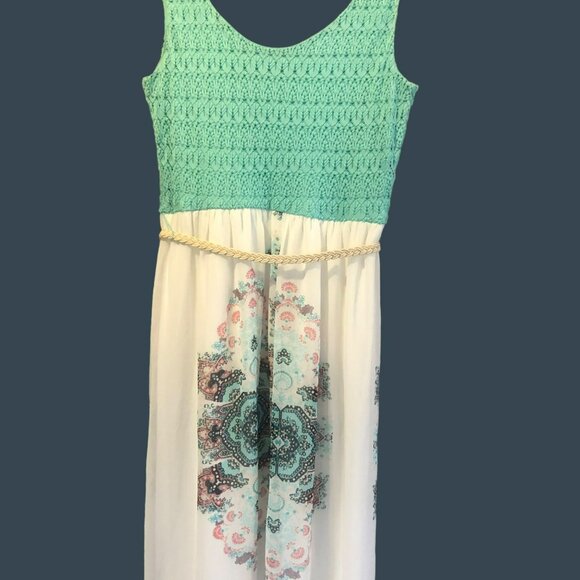 Lily Rose Tank Maxi Dress Sz S Crochet Top Boho Print Mint Green 70s Vibe Lined - Picture 6 of 10